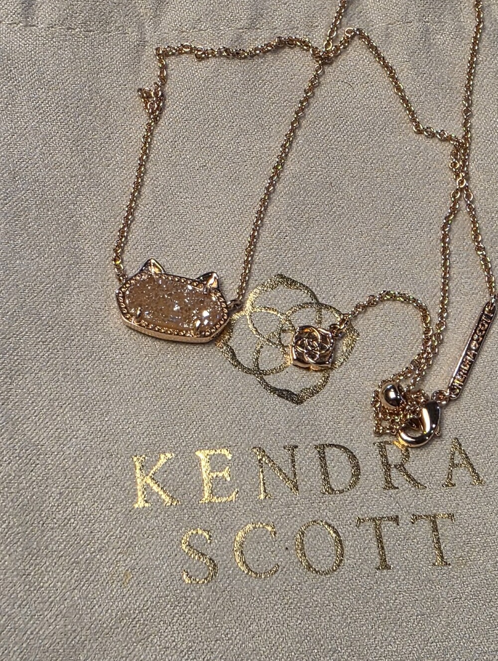 Kendra Scott Rose Gold Cat Elisa Pendant Necklace with Sand Sparkle Drusy New - Picture 2 of 6